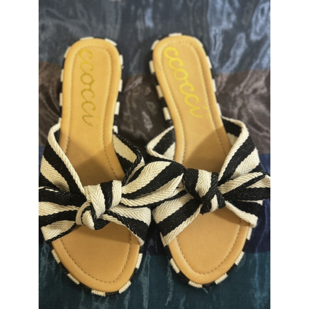 CCOCCI Navy Black And Cream Striped Bow Sandals Size 9